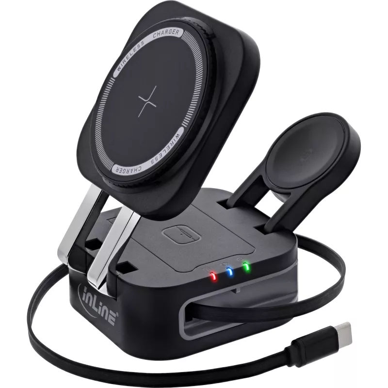 Belaidis 3 viename įkroviklis InLine 33392T ausinėms, išmaniesiems telefonams ir laikrodžiams – USB maitinimas 9/12 V, juodas