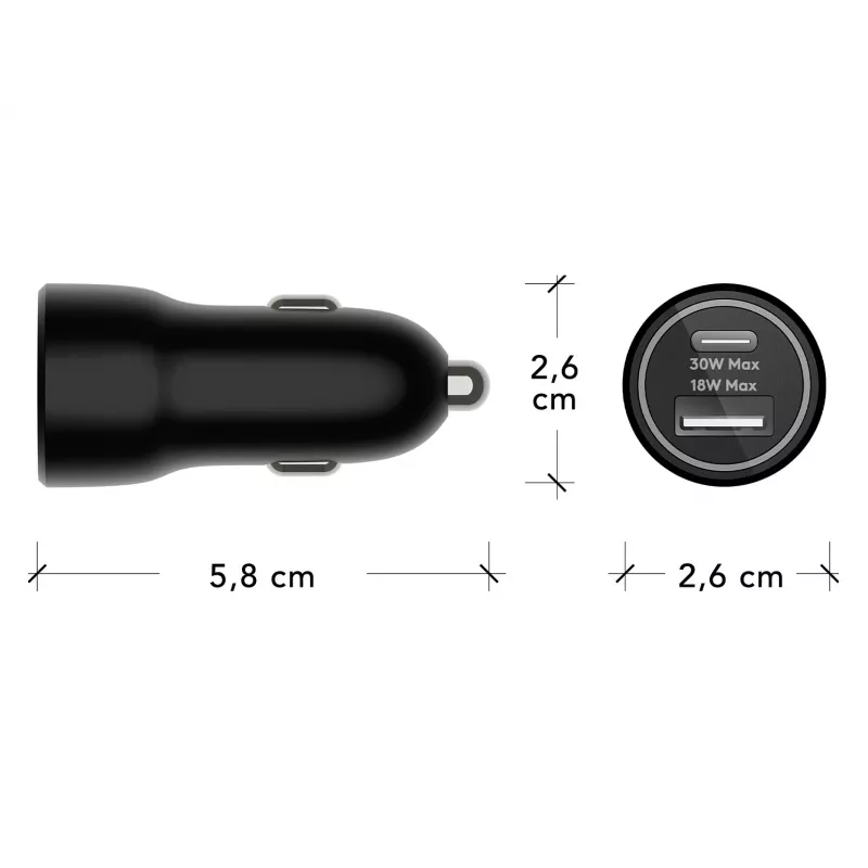 Automobilinis kroviklis d bramante re-charge USB-C 30W + USB-A 18W, 12–24V, juodas