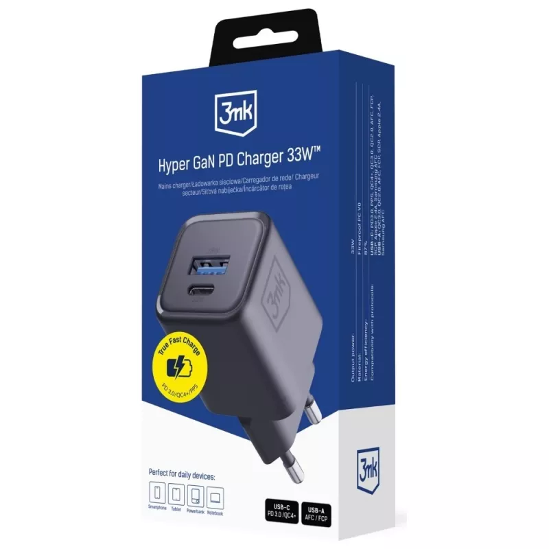 3MK Hyper Charger PD 33W GaN QC4+ juodas – 33W PD greitas įkroviklis su GaN technologija