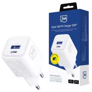 Sieninis įkroviklis 3MK Hyper Charger PD 33W GaN QC4+ baltas – USB‑C PD 33W, GaN, Quick Charge 4+