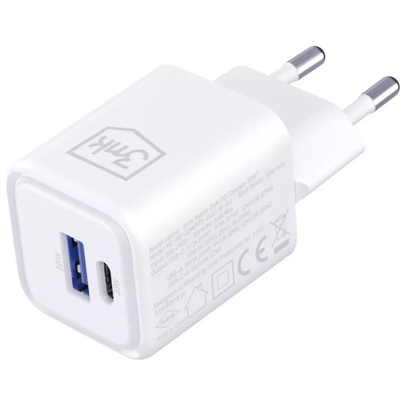 Sieninis įkroviklis 3MK Hyper Charger PD 33W GaN QC4+ baltas – USB‑C PD 33W, GaN, Quick Charge 4+