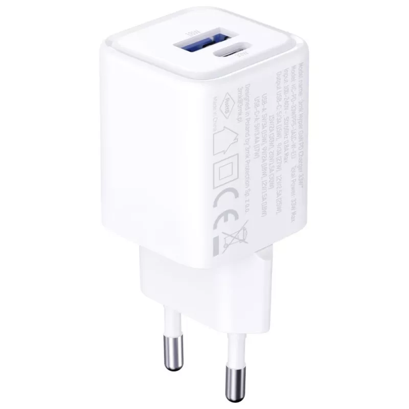 Sieninis įkroviklis 3MK Hyper Charger PD 33W GaN QC4+ baltas – USB‑C PD 33W, GaN, Quick Charge 4+