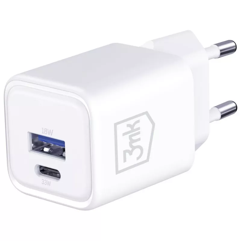 Sieninis įkroviklis 3MK Hyper Charger PD 33W GaN QC4+ baltas – USB‑C PD 33W, GaN, Quick Charge 4+