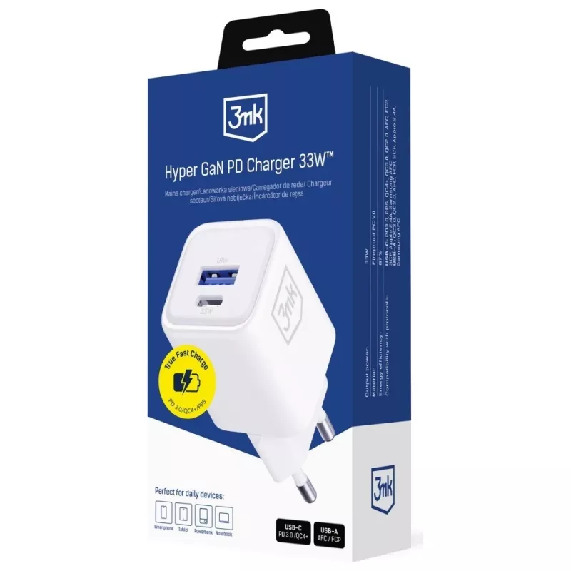 Sieninis įkroviklis 3MK Hyper Charger PD 33W GaN QC4+ baltas – USB‑C PD 33W, GaN, Quick Charge 4+