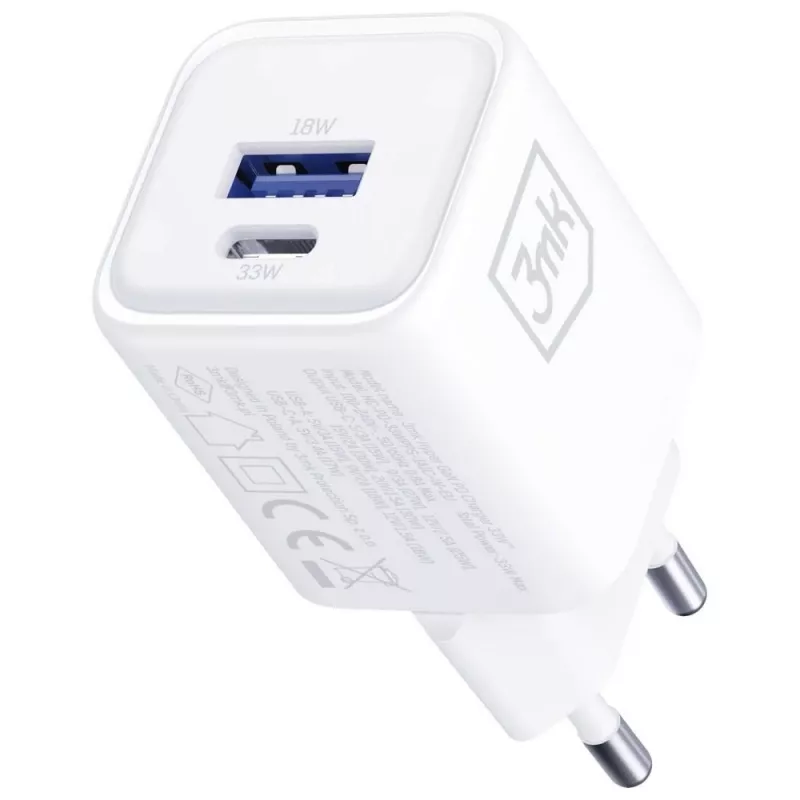 Sieninis įkroviklis 3MK Hyper Charger PD 33W GaN QC4+ baltas – USB‑C PD 33W, GaN, Quick Charge 4+