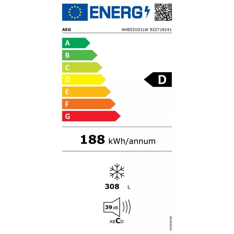 Šaldiklis AEG AHB531D1LW – laisvai pastatomas, 308 l talpos, 4 žvaigždučių, 21 kg/24h užšaldymo, D energijos klasės, baltas