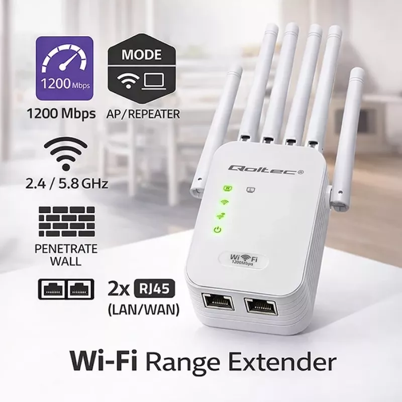 Wi‑Fi signalo stiprintuvas QOLTEC AC1200 – dviejų juostų belaidžio ryšio stiprintuvas