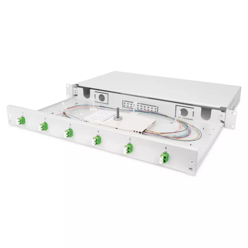 Šviesolaidžių sujungimo dėžė DIGITUS DN-96330/9APC 1U, 6x LC-APC DX, OS2, polimeras/plienas, šviesiai pilka
