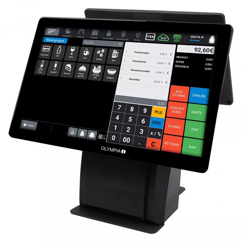 Viskas viename Olympia T215DK 15 colių (38,1 cm) liečiamuoju ekranu, Android 11, tiesioginės šiluminės spausdintuvas 8 cm, juoda