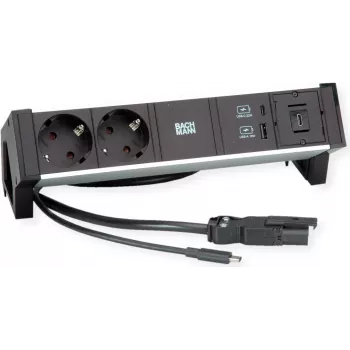Bachmann DESK2 ALU BLACK – stalo maitinimo modulis su 2x CEE7/3 lizdais, 1,0 m laidu, 22 W USB įkrovikliu