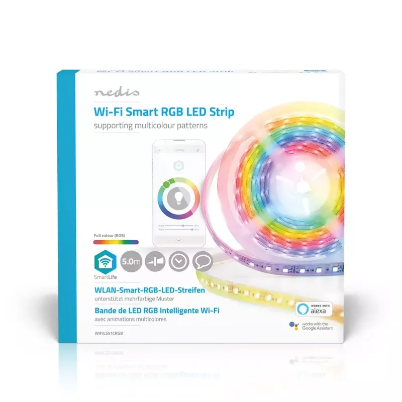 Nedis WIFILS51CRGB protinga LED juostelė – Wi‑Fi, RGB, 24 W, 1 m laidas, 12 mm plotis