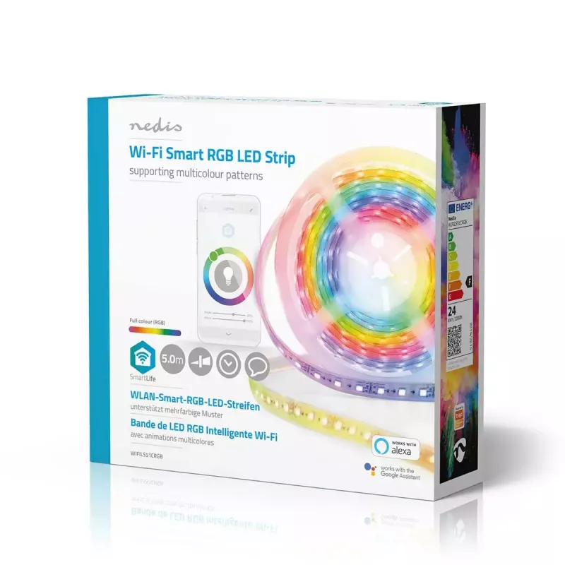 Nedis WIFILS51CRGB protinga LED juostelė – Wi‑Fi, RGB, 24 W, 1 m laidas, 12 mm plotis