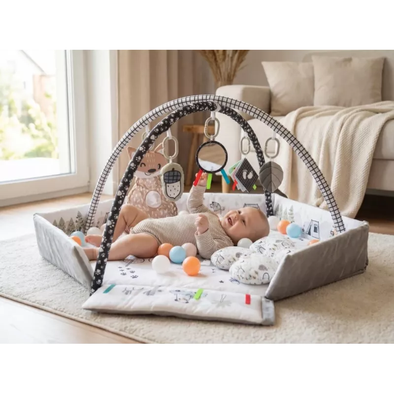 Kūdikių žaidimų kilimėlis milly mally Baby Mat 5in1 Minky – daugiafunkcis 5-in-1 kilimėlis pilvuko laikui, žaidimams, poilsiui, ropojimui ir kelionėms