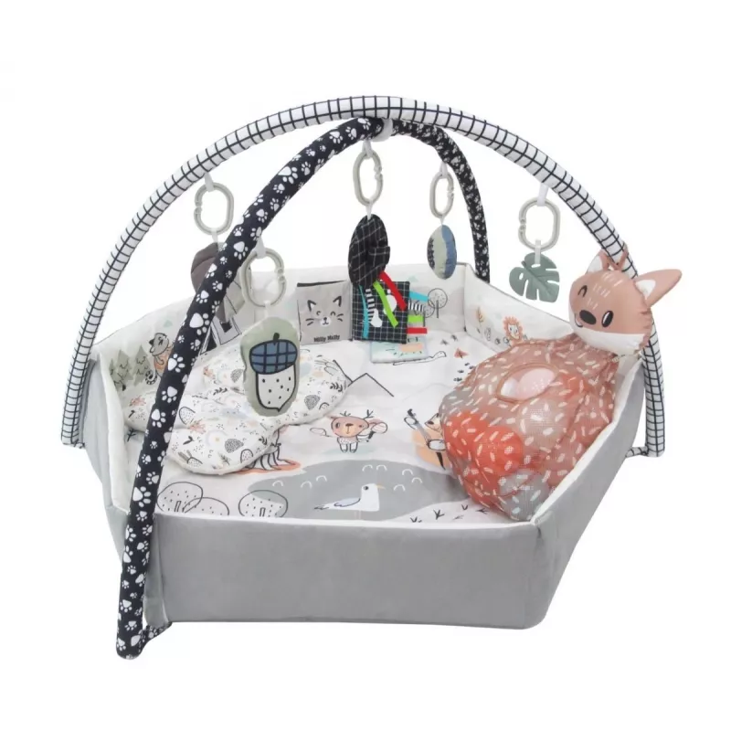 Kūdikių žaidimų kilimėlis milly mally Baby Mat 5in1 Minky – daugiafunkcis 5-in-1 kilimėlis pilvuko laikui, žaidimams, poilsiui, ropojimui ir kelionėms