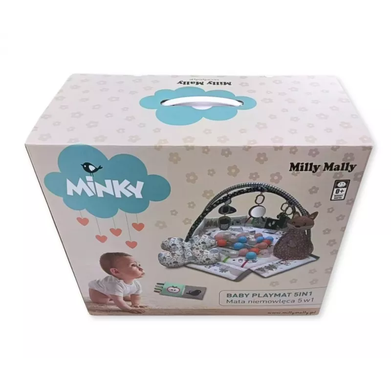 Kūdikių žaidimų kilimėlis milly mally Baby Mat 5in1 Minky – daugiafunkcis 5-in-1 kilimėlis pilvuko laikui, žaidimams, poilsiui, ropojimui ir kelionėms