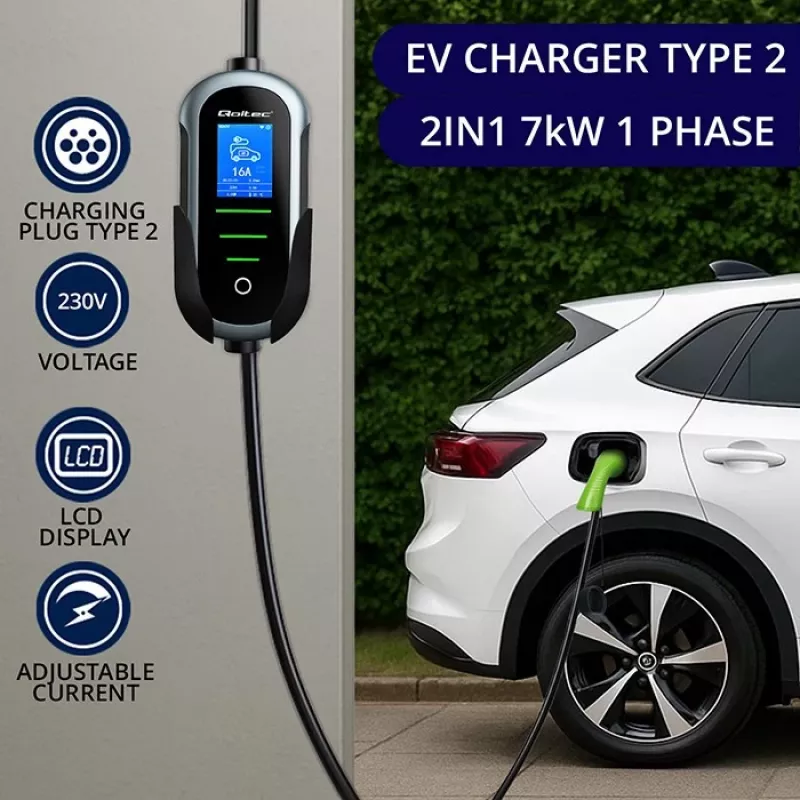 Sieninis elektromobilio įkroviklis QOLTEC 7 kW 230V CEE 32A su Wi‑Fi ir LCD (modelis 52721)