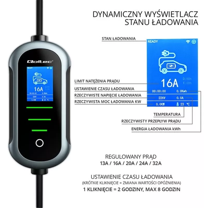 Sieninis elektromobilio įkroviklis QOLTEC 7 kW 230V CEE 32A su Wi‑Fi ir LCD (modelis 52721)