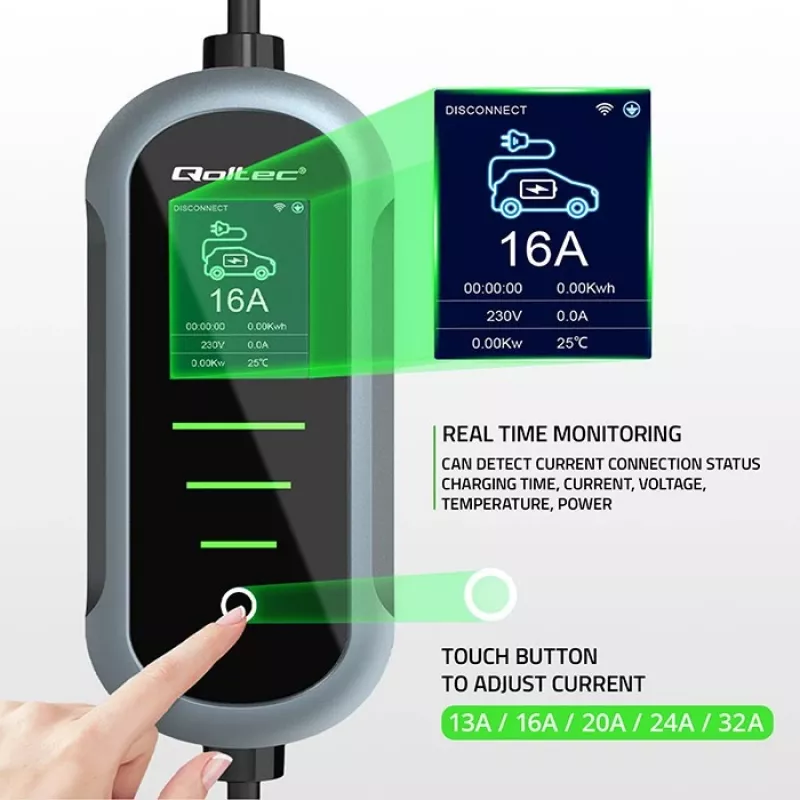 Sieninis elektromobilio įkroviklis QOLTEC 7 kW 230V CEE 32A su Wi‑Fi ir LCD (modelis 52721)