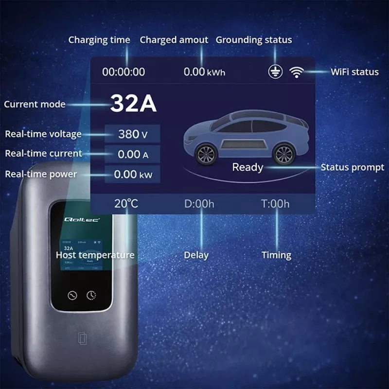 QOLTEC 52723 3 fazių elektromobilių įkrovimo stotelė 22 kW 32 A su WiFi