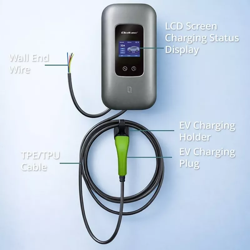 QOLTEC 52723 3 fazių elektromobilių įkrovimo stotelė 22 kW 32 A su WiFi