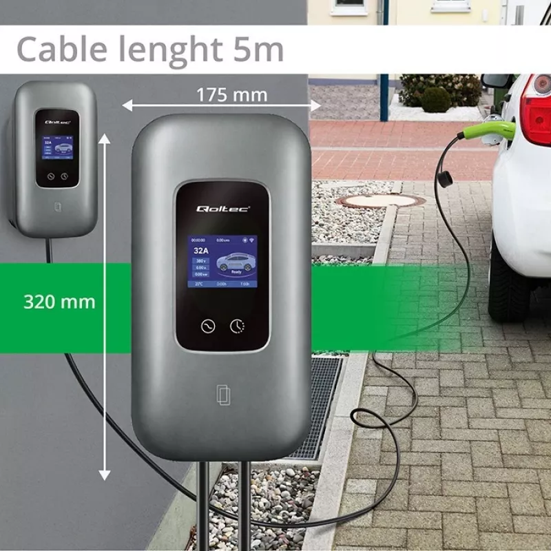 QOLTEC 52723 3 fazių elektromobilių įkrovimo stotelė 22 kW 32 A su WiFi