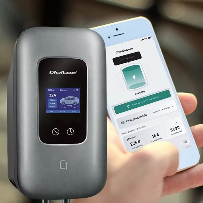 QOLTEC 52723 3 fazių elektromobilių įkrovimo stotelė 22 kW 32 A su WiFi