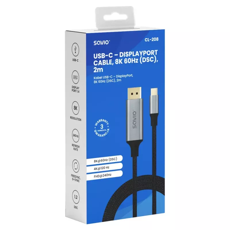 SAVIO CL-208 USB-C į DisplayPort laidas (DisplayPort 1.2, 2 m)