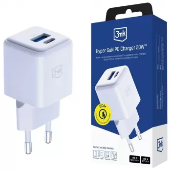 3MK Hyper GaN 20W sieninis įkroviklis su USB-C ir USB-A, PD 3.0 / QC 4+