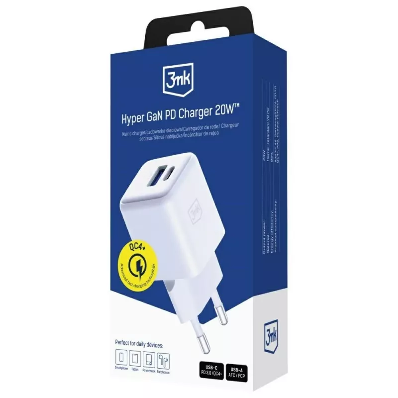 3MK Hyper GaN 20W sieninis įkroviklis su USB-C ir USB-A, PD 3.0 / QC 4+
