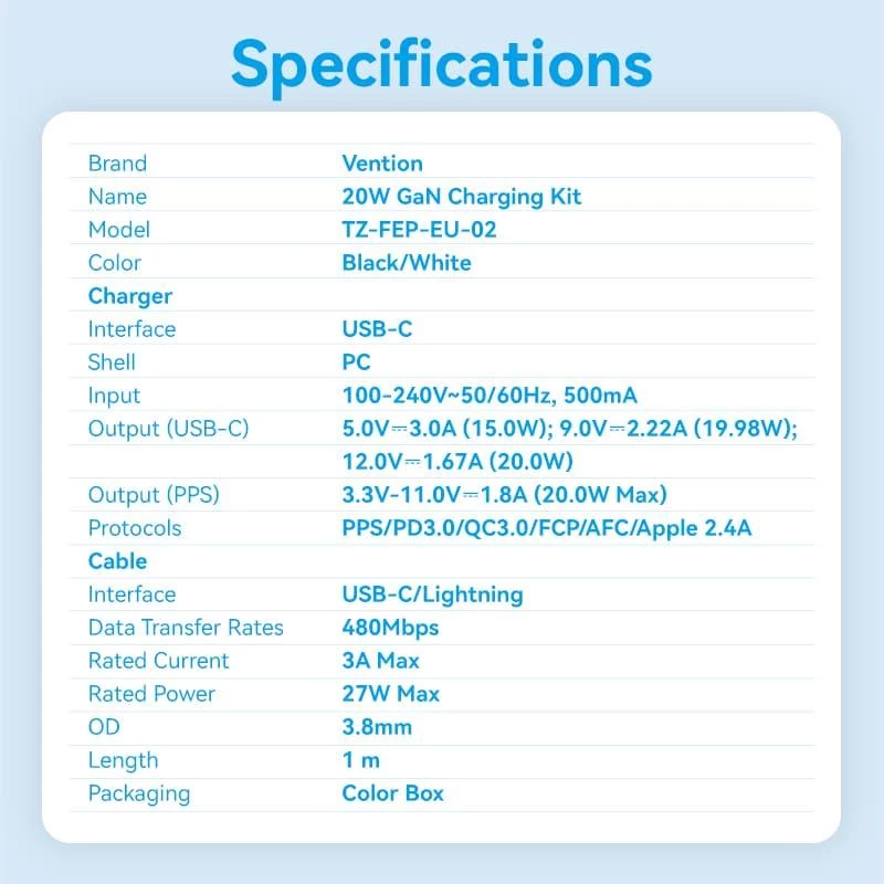 Mobiliojo telefono sieninis įkroviklis USB-C 20W TZ-FEPW0-EU-02 Vention