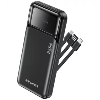 Powerbank Awei PA-91 10000mAh 22,5W PD 2xUSB-C su laidu Juoda