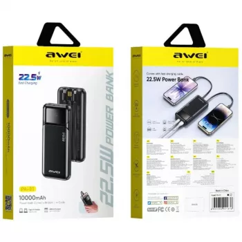 Powerbank Awei PA-91 10000mAh 22,5W PD 2xUSB-C su laidu Juoda