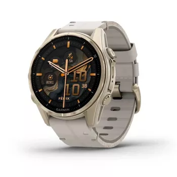 Išmanusis laikrodis GARMIN Fenix 8 43 mm, 1,3 colio AMOLED 416×416, liečiamas ekranas, Wi‑Fi, GPS, 32 GB, auksinis korpusas, pilkas odinis dirželis