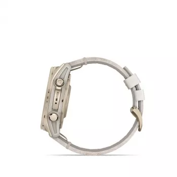 Išmanusis laikrodis GARMIN Fenix 8 43 mm, 1,3 colio AMOLED 416×416, liečiamas ekranas, Wi‑Fi, GPS, 32 GB, auksinis korpusas, pilkas odinis dirželis