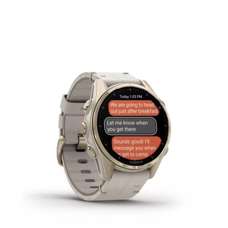 Išmanusis laikrodis GARMIN Fenix 8 43 mm, 1,3 colio AMOLED 416×416, liečiamas ekranas, Wi‑Fi, GPS, 32 GB, auksinis korpusas, pilkas odinis dirželis