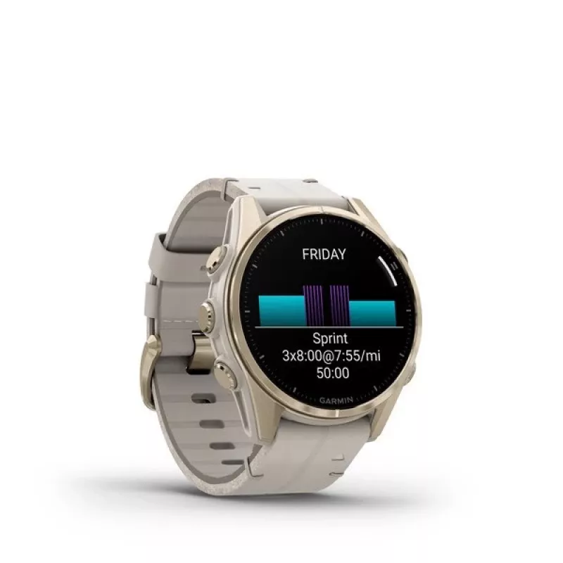 Išmanusis laikrodis GARMIN Fenix 8 43 mm, 1,3 colio AMOLED 416×416, liečiamas ekranas, Wi‑Fi, GPS, 32 GB, auksinis korpusas, pilkas odinis dirželis