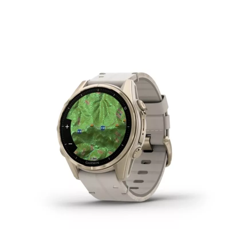Išmanusis laikrodis GARMIN Fenix 8 43 mm, 1,3 colio AMOLED 416×416, liečiamas ekranas, Wi‑Fi, GPS, 32 GB, auksinis korpusas, pilkas odinis dirželis