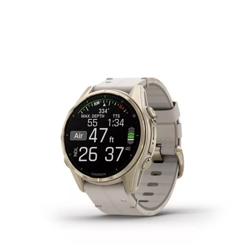 Išmanusis laikrodis GARMIN Fenix 8 43 mm, 1,3 colio AMOLED 416×416, liečiamas ekranas, Wi‑Fi, GPS, 32 GB, auksinis korpusas, pilkas odinis dirželis