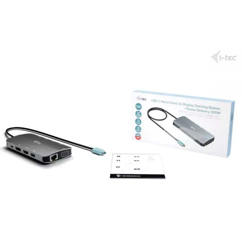Docking stotelė ITEC i-tec USB-C Metal Nano 3x ekranas (DP, HDMI, VGA) su Power Delivery 100 W, 4x USB-A, Gigabit Ethernet