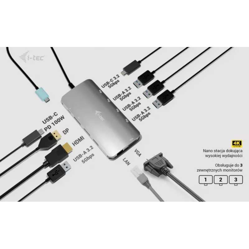 Docking stotelė ITEC i-tec USB-C Metal Nano 3x ekranas (DP, HDMI, VGA) su Power Delivery 100 W, 4x USB-A, Gigabit Ethernet