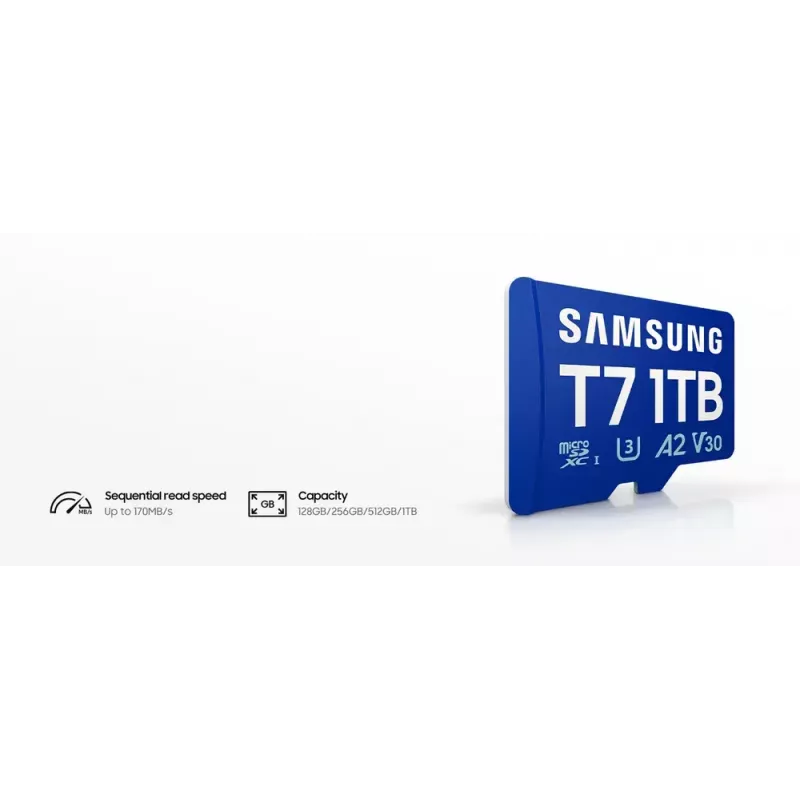 „Samsung T7“ microSDXC atminties kortelė 256 GB, mėlyna, UHS-I U3 V30, skaitymas iki 170 MB/s