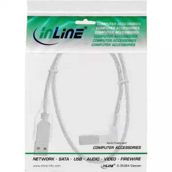 USB 2.0 laidas InLine Type A (stačiu kampu) į Type B vyriškas, 0,3 m, permatomas