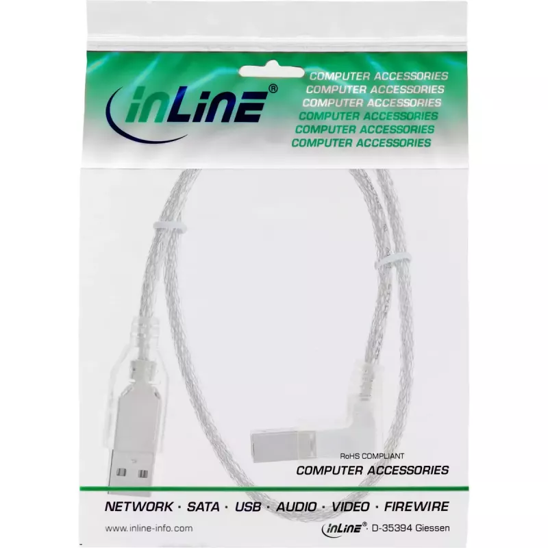USB 2.0 laidas InLine Type A (stačiu kampu) į Type B vyriškas, 0,3 m, permatomas