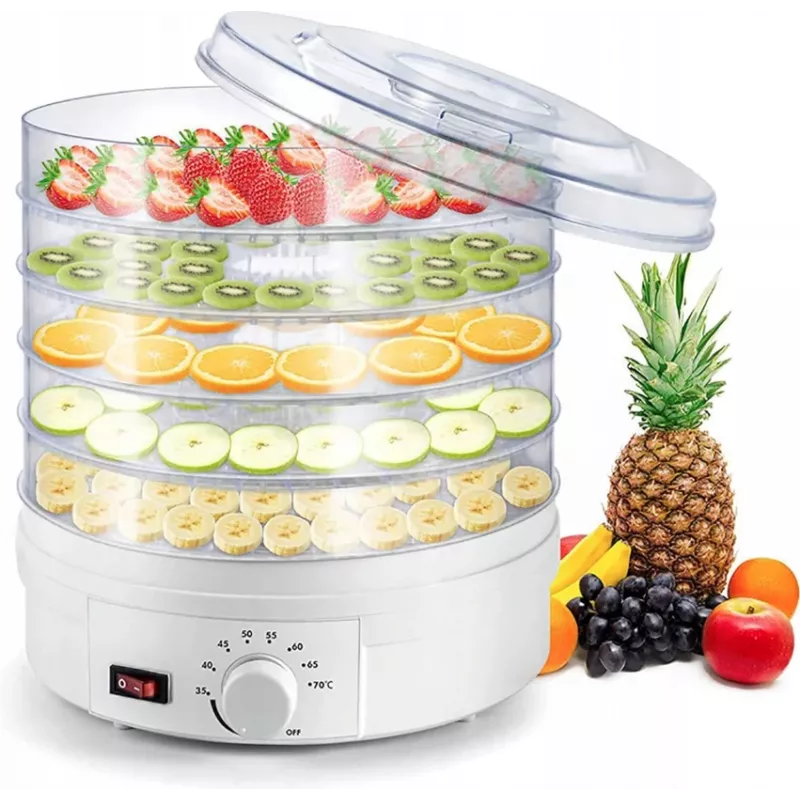 Extralink Home Didelė džiovykla grybams, vaisiams, daržovėms ir žolelėms Pro 500W + 5 padėklai 27 cm balta