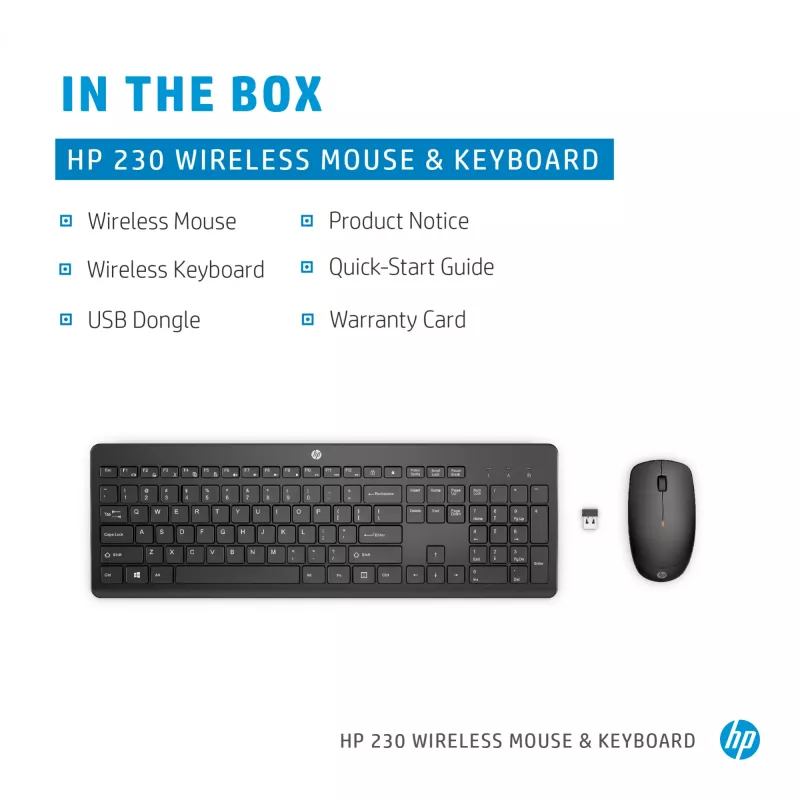 HP 230 belaidis pelės ir klaviatūros rinkinys, pilno dydžio, RF belaidis, membraninis, juodas, pelė įtraukta
