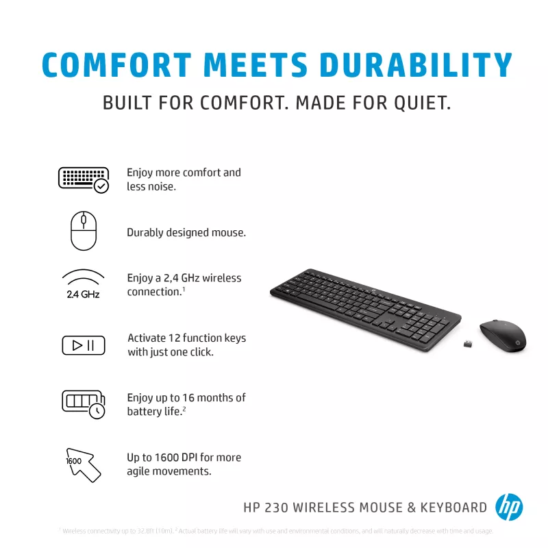 HP 230 belaidis pelės ir klaviatūros rinkinys, pilno dydžio, RF belaidis, membraninis, juodas, pelė įtraukta