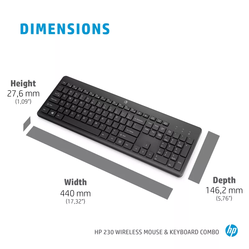 HP 230 belaidis pelės ir klaviatūros rinkinys, pilno dydžio, RF belaidis, membraninis, juodas, pelė įtraukta