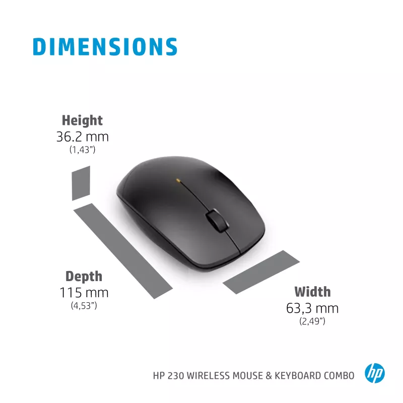 HP 230 belaidis pelės ir klaviatūros rinkinys, pilno dydžio, RF belaidis, membraninis, juodas, pelė įtraukta