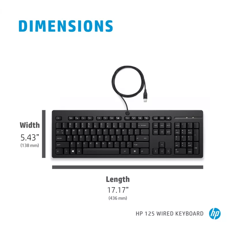 HP 125 laidinė klaviatūra, pilno dydžio, USB, membraninė, juoda