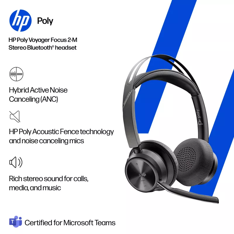 Ausinės HP Poly Voyager Focus 2-M USB-C-C su USB-C/A adapteriu Poly+ 3 metai